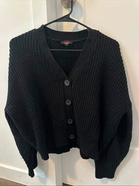Black Ribbed Button-Front Cardigan Sweater